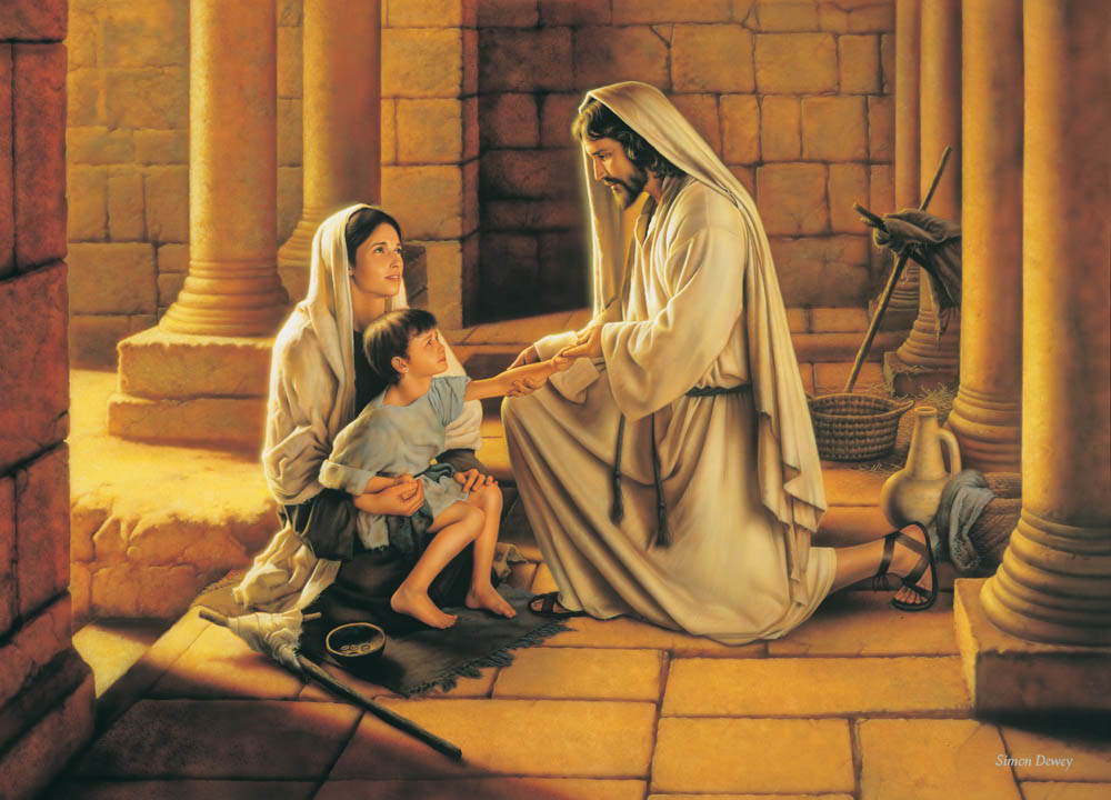 Jesus healing a little boy who is sitting in hi mother's lap with his cane on the ground.