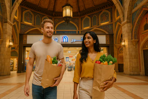 Happy man and woman leaving a supermarket with paper bags full of fresh vegetables, bread, and produce.