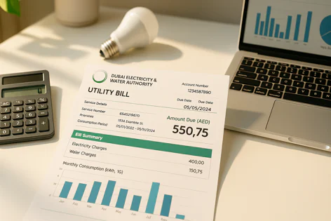 A close-up view of a Dubai Electricity and Water Authority utility bill showing charges and consumption, next to a calculator and a laptop with a chart.