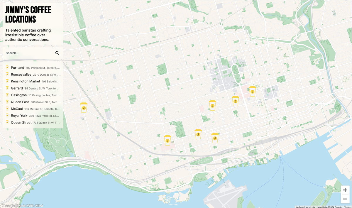 Screenshot of Jimmy’s Coffee Store Locator, from the google maps api examples collection.