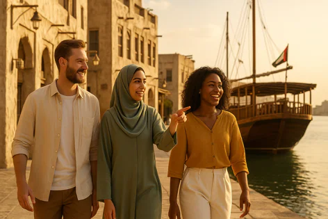 Three diverse friends walk and smile along a sunny waterfront with traditional buildings and a classic dhow boat in the background. One woman points ahead.