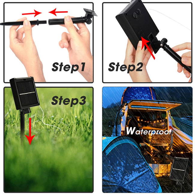 Solar fairy lights for outdoor powered by solar power, use with remote control. Warm LED light solar fairy lights.
