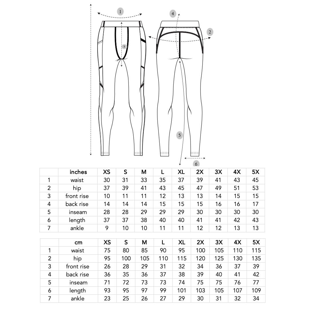 Play Out pouch front nonbinary leggings size chart available in sizes XS-5X.