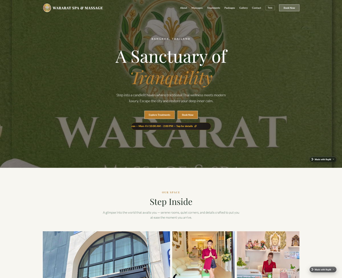 Screenshot of Wararat Spa & Massage, from the replit websites collection.