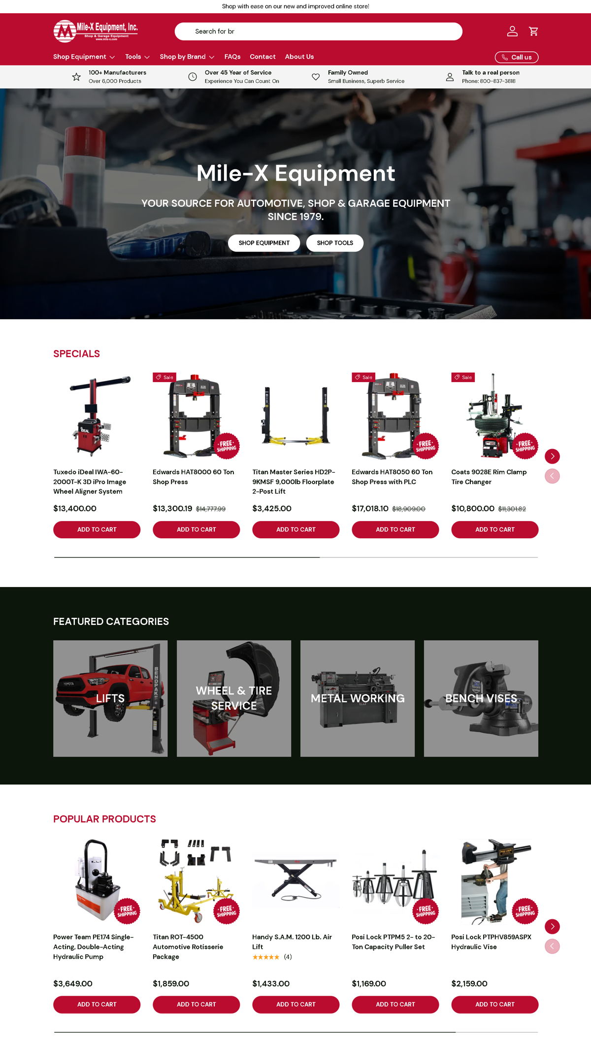 Screenshot of Mile-X Equipment, from the homepage examples collection.