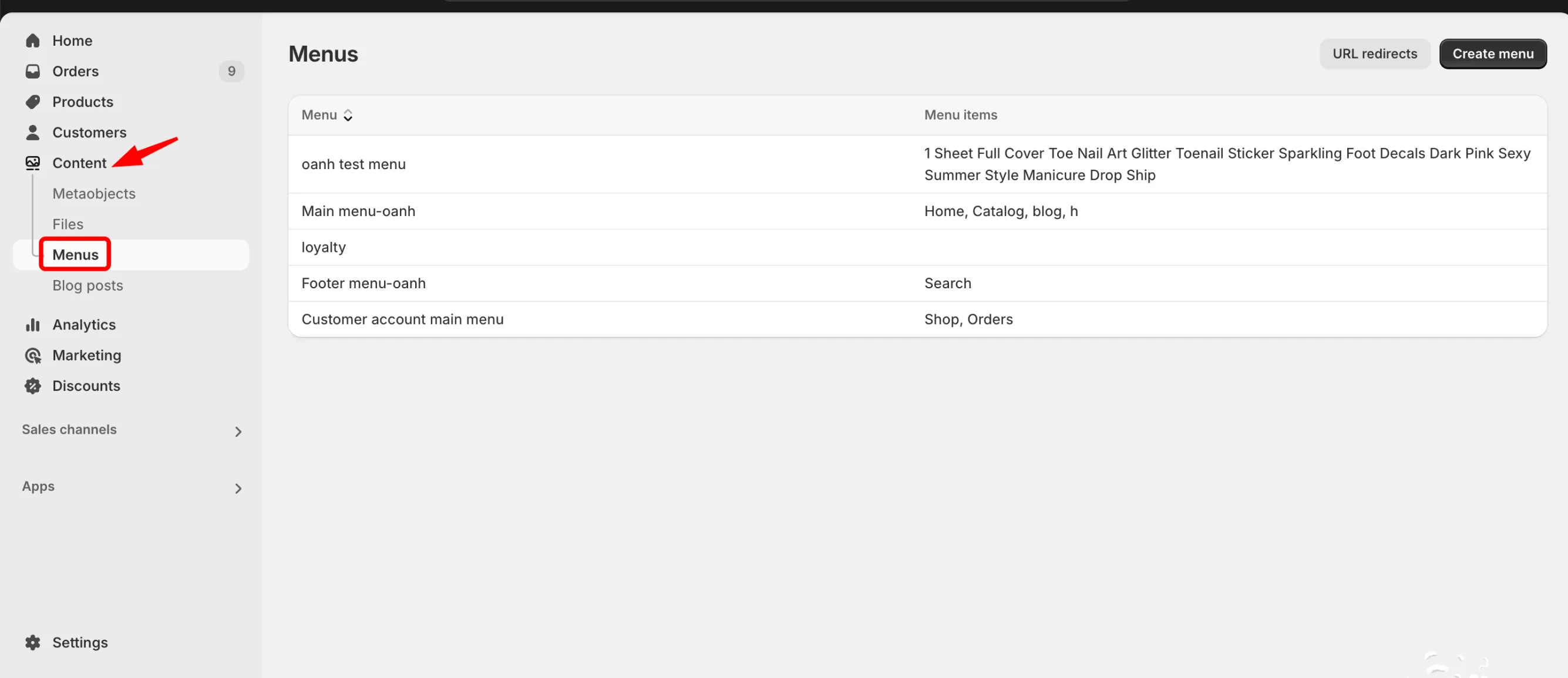 Create menus in Shopify