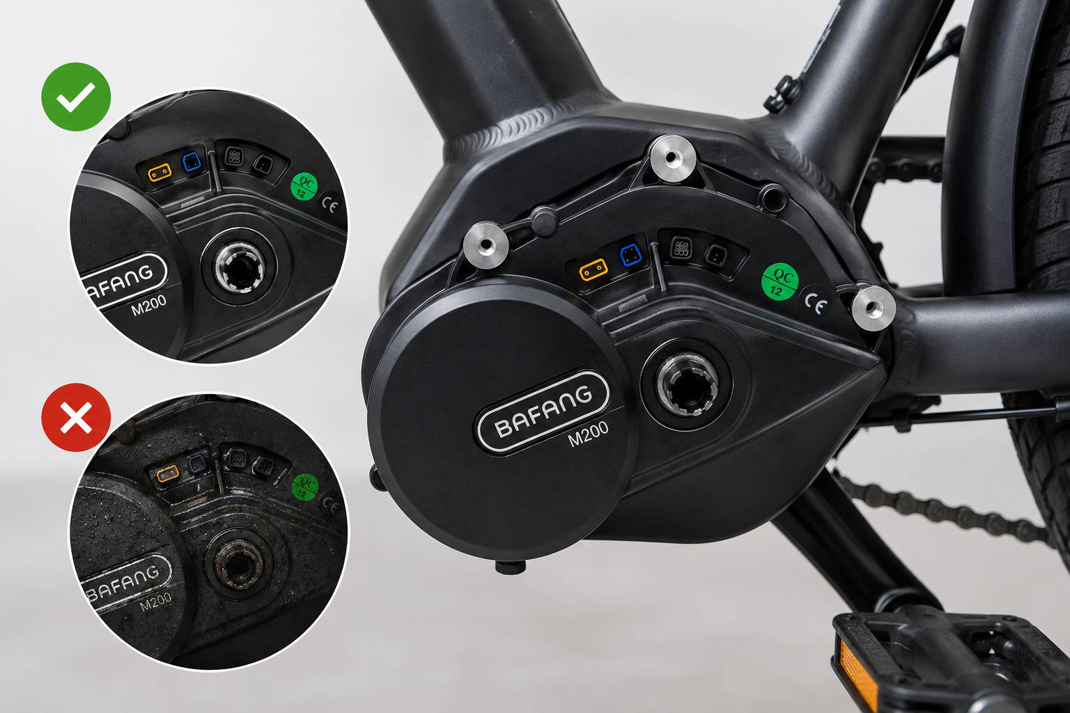 Bafang M200 middenmotor op een elektrische fiets met waarschuwingsicoon als illustratie bij veelvoorkomende problemen en storingen van Bafang e-bike motoren.