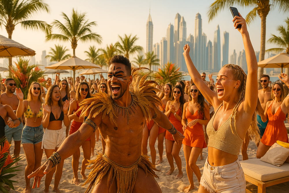 Man in tribal costume dances on a crowded beach party during sunset. A woman takes a selfie as a cheerful crowd enjoys the fun with palm trees and city skyline behind them.