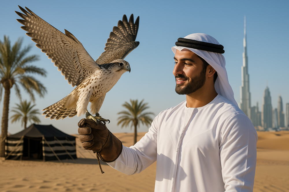 An Arab man in white thawb holds a falcon on his gloved hand, standing in the desert with palm trees, a tent, and the Dubai skyline behind him.
