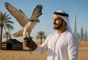 An Arab man in white thawb holds a falcon on his gloved hand, standing in the desert with palm trees, a tent, and the Dubai skyline behind him.