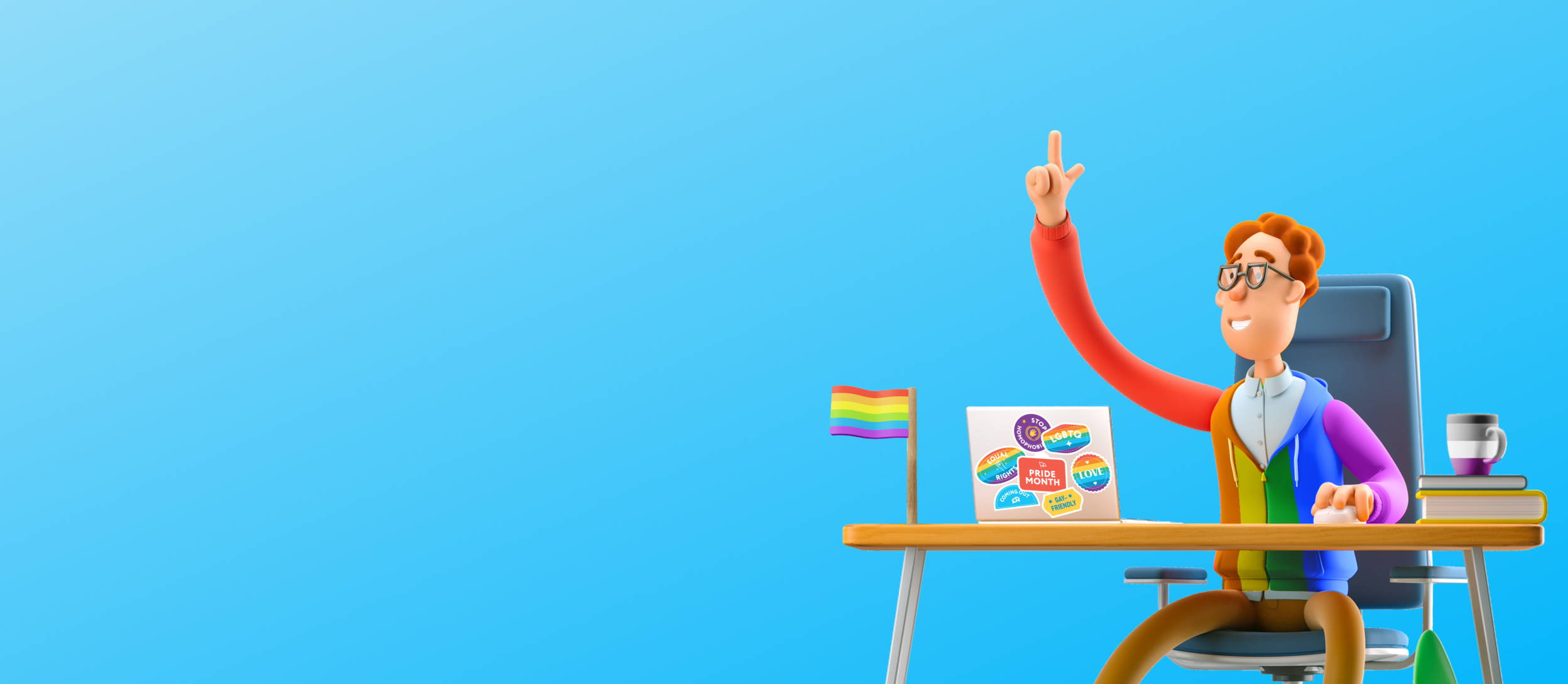 An employee wearing a rainbow striped hoodie raising their hand at their desk adorned in Pride gear for Confetti's Virtual Pride Trivia