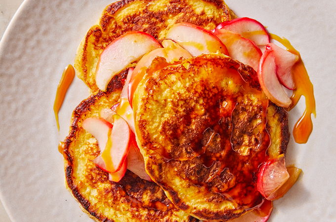 Cottage Cheese Pancakes with Apples and Maple Caramel