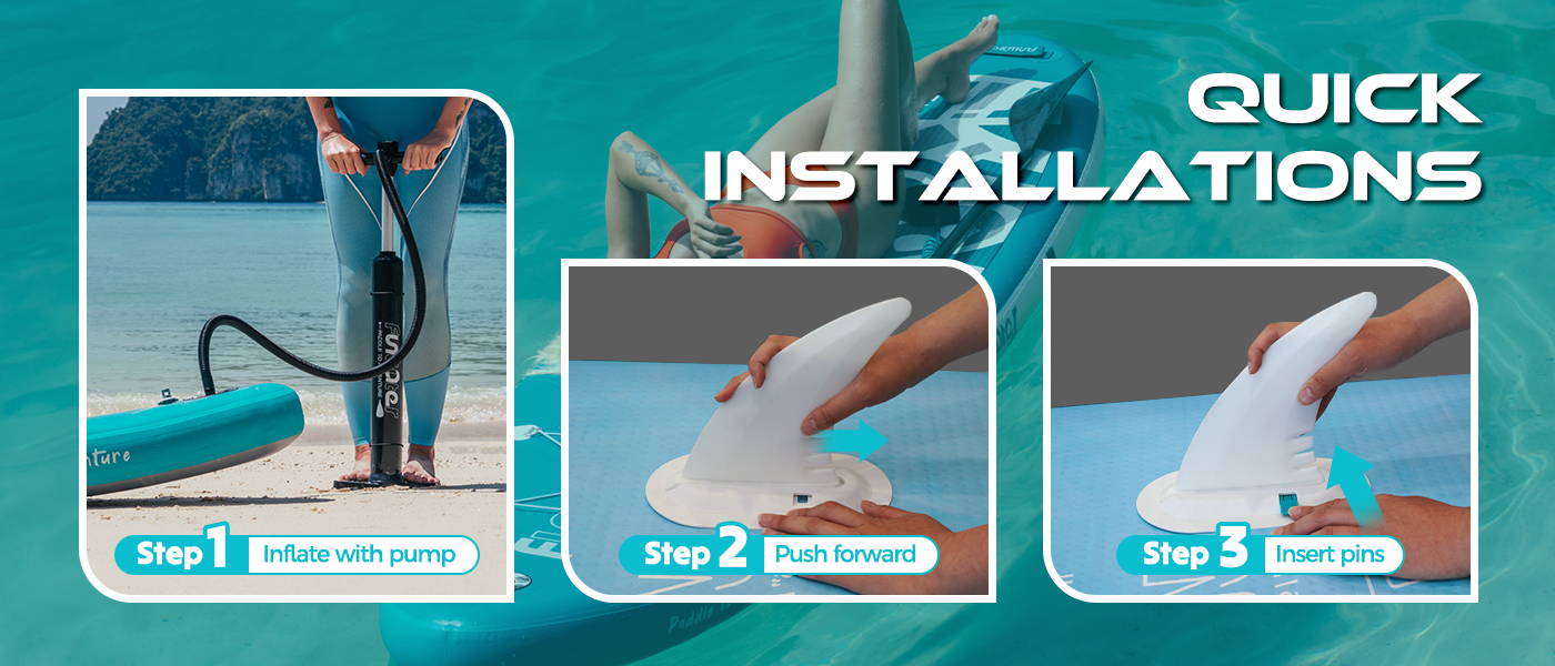 Quick installations on Funwater top rated blow up paddle board, inflate with your paddle board pump, push your fins forward, insert pins for paddle board fins