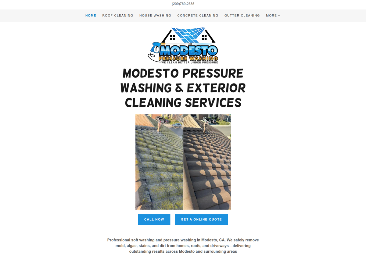 Screenshot of Modesto Pressure Washing & Exterior Cleaning Services, from the pressure washing websites collection.