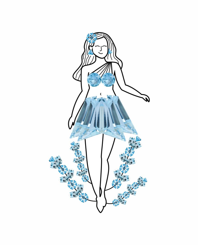 An illustration of a woman wearing blue topaz stones