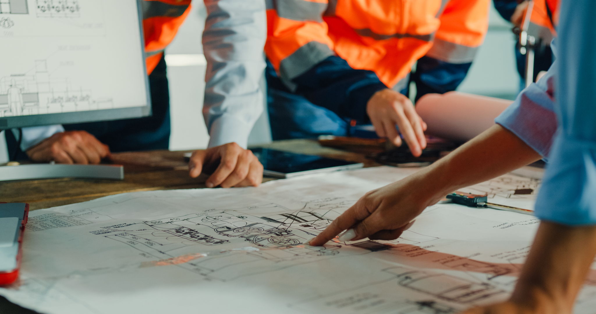Several people wearing orange safety vests are gathered around a table, closely examining and pointing at architectural blueprints laid out on the surface. A computer monitor is visible in the background.