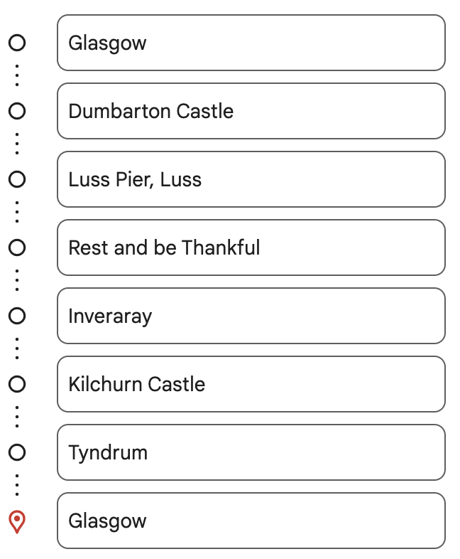7. The list of stops on the Glasgow to the Highlands, Loch Lomond and Inverary tour from Private Scottish Tours