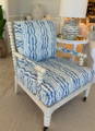 white washed wood frame chair with watery blue fabric
