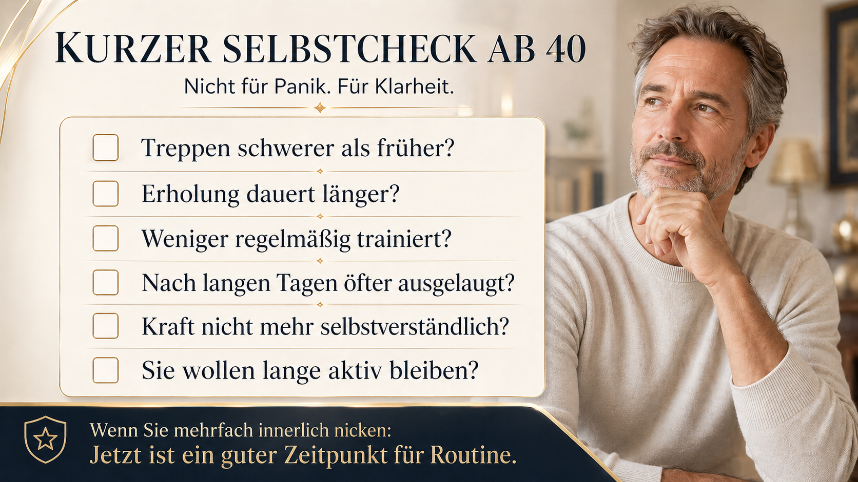 Selbstcheck für Menschen ab 40 zur Frage, ob der Alltag bereits an Reserve verliert.