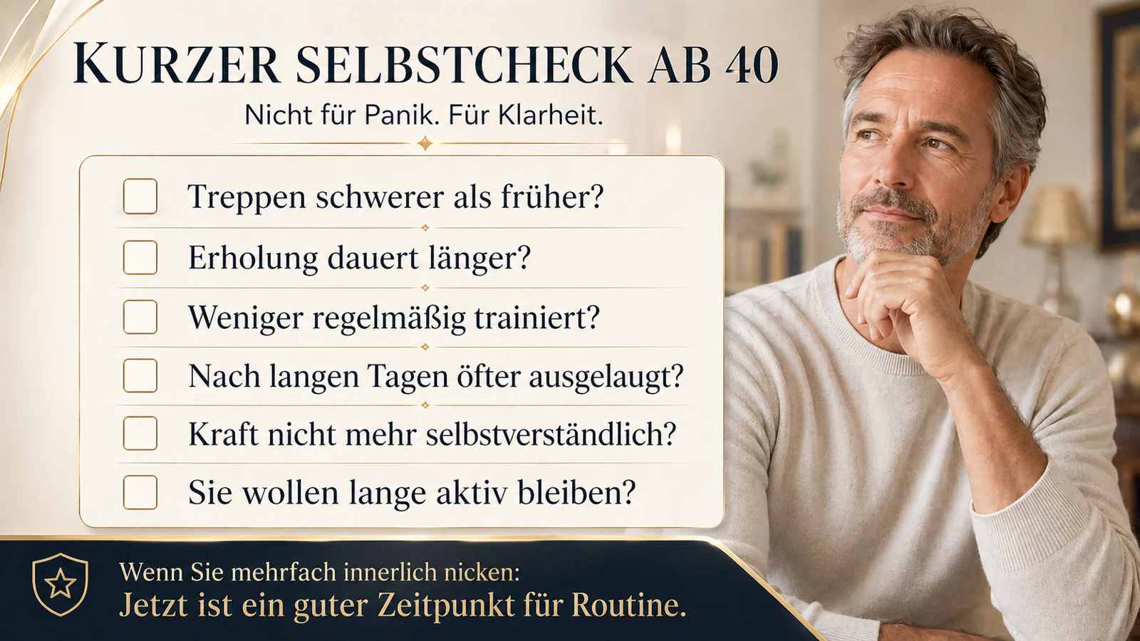 Selbstcheck für Menschen ab 40 zur Frage, ob der Alltag bereits an Reserve verliert.