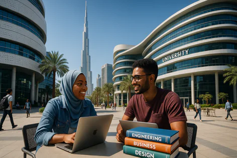 Two diverse university students study outdoors with laptops near a modern campus building and the Burj Khalifa in Dubai. Textbooks are labeled engineering, business, and design.
