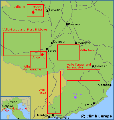 Map of the rock climbing areas around Cuneo including Andonno