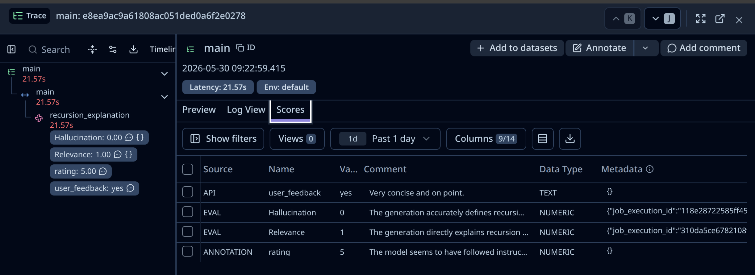 Scores ingested via the API, evals, and manual annotation linked to an observation.