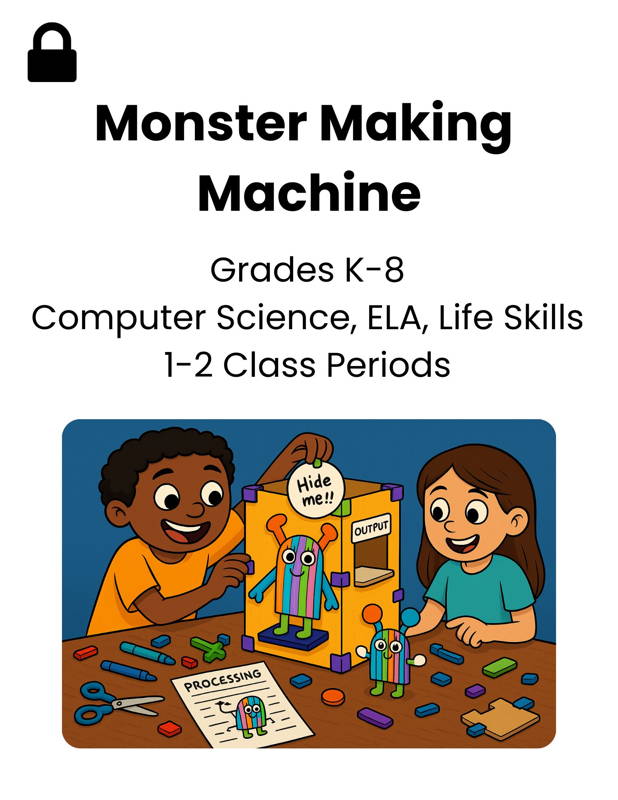 mage of two elementary students building a cardboard Monster Making Machine with a 3DuxDesign STEM kit. Shows hands-on computer science literacy and early engineering as students create and process monster characters in a playful project-based learning activity for grades K–8.