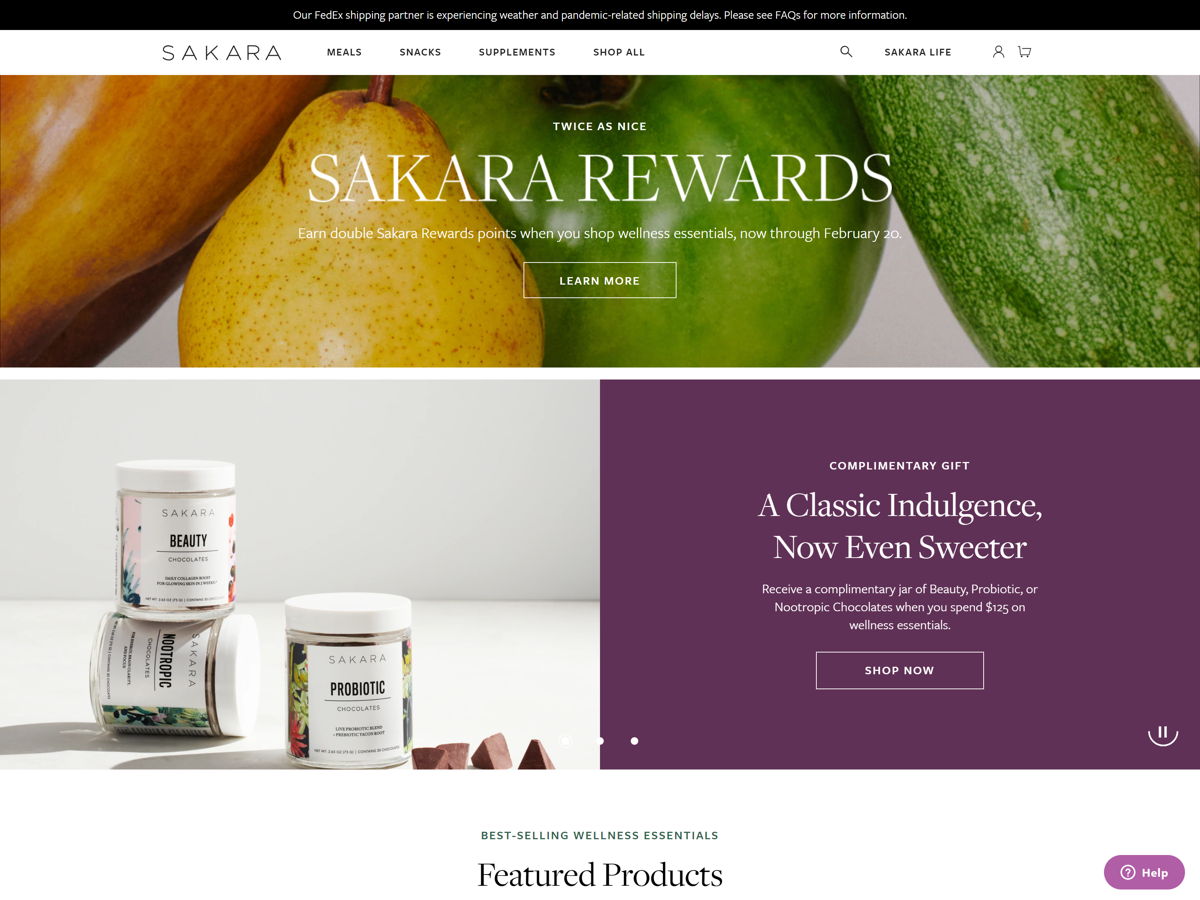 Screenshot of Sakara, from the food websites collection.