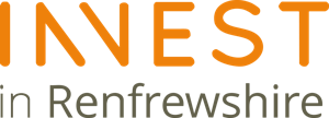 Text reading INVEST in Renfrewshire with INVEST in bold orange, featuring a stylized V with a white shadow effect.