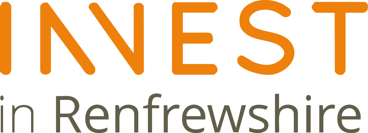 Text reading INVEST in Renfrewshire with INVEST in bold orange, featuring a stylized V with a white shadow effect.