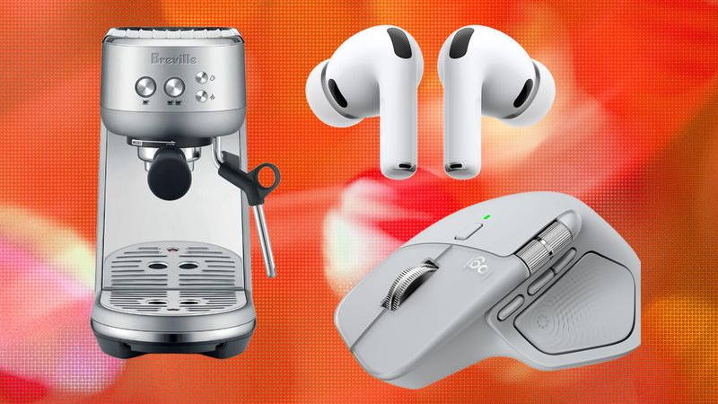 Silver coffee machine, white in-ear buds, and a white computer mouse