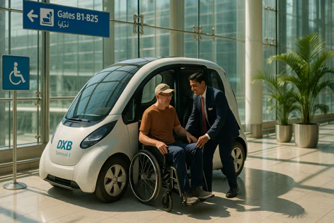 An airport staff member assists a man in a wheelchair transferring into a small electric vehicle at DXB Terminal 3, showing accessibility services.