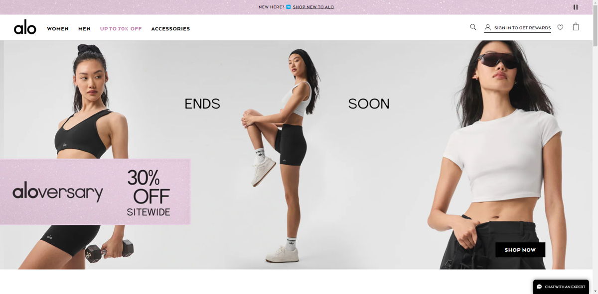 Screenshot of Alo Yoga, from the shopify clothing stores collection.