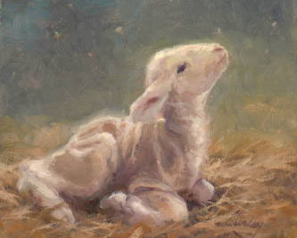 Painting of a lamb looking up into a starry sky.