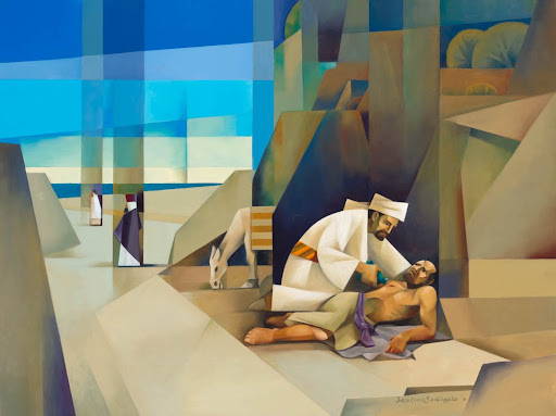 Abstract geometci painting illustrating the Good Samaritan.