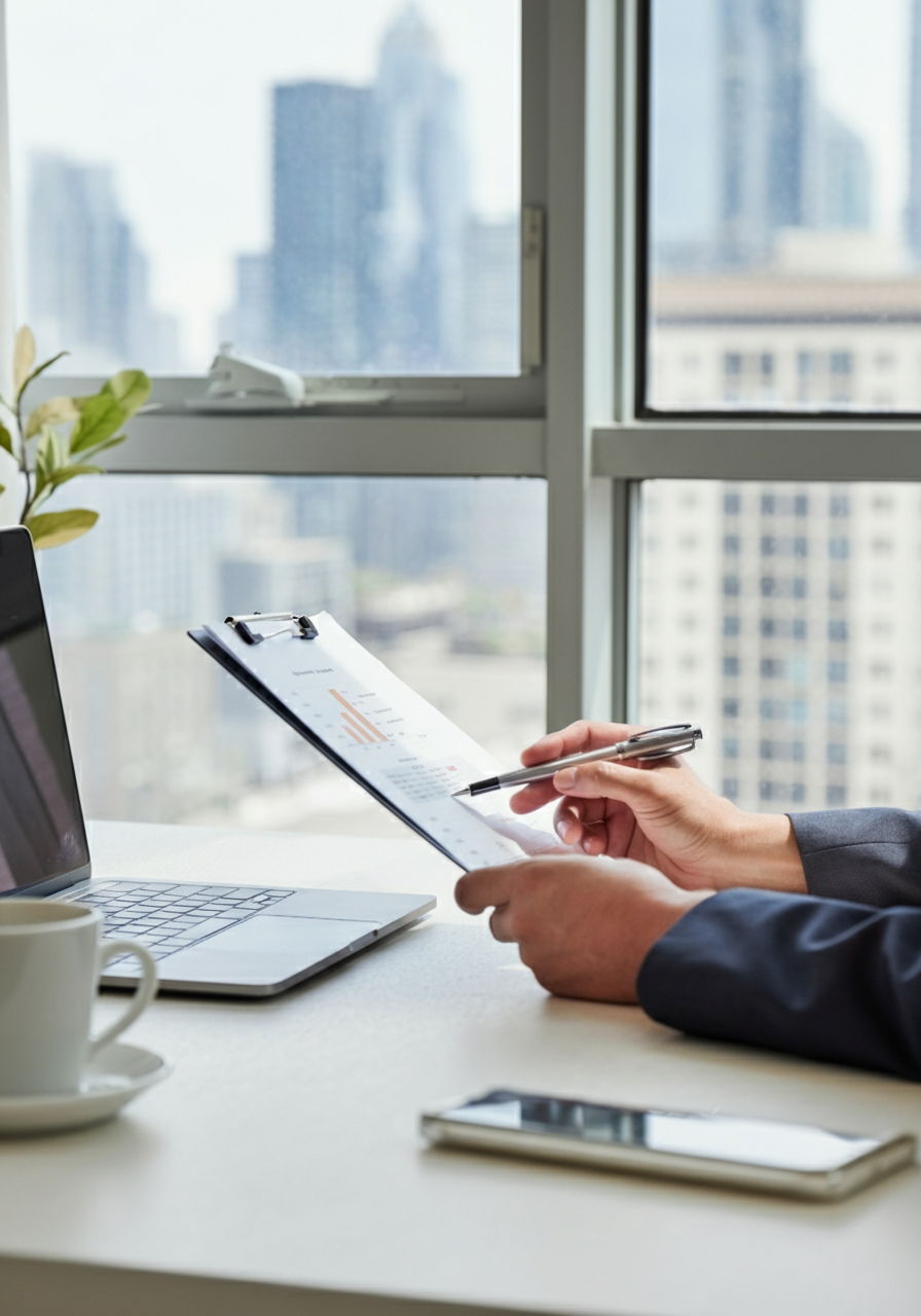 A seller reviewing market analysis documents with their agent, focusing on a pricing strategy that balances current inventory levels with neighborhood-specific demand patterns. The setting shows a Streeterville residence with distinctive views that represent key selling points to be emphasized in marketing materials.