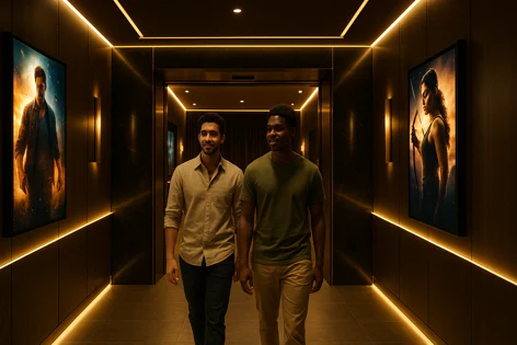 Two diverse men walk together down a sleek, dark corridor illuminated by warm strip lights, with large framed movie posters on the walls.