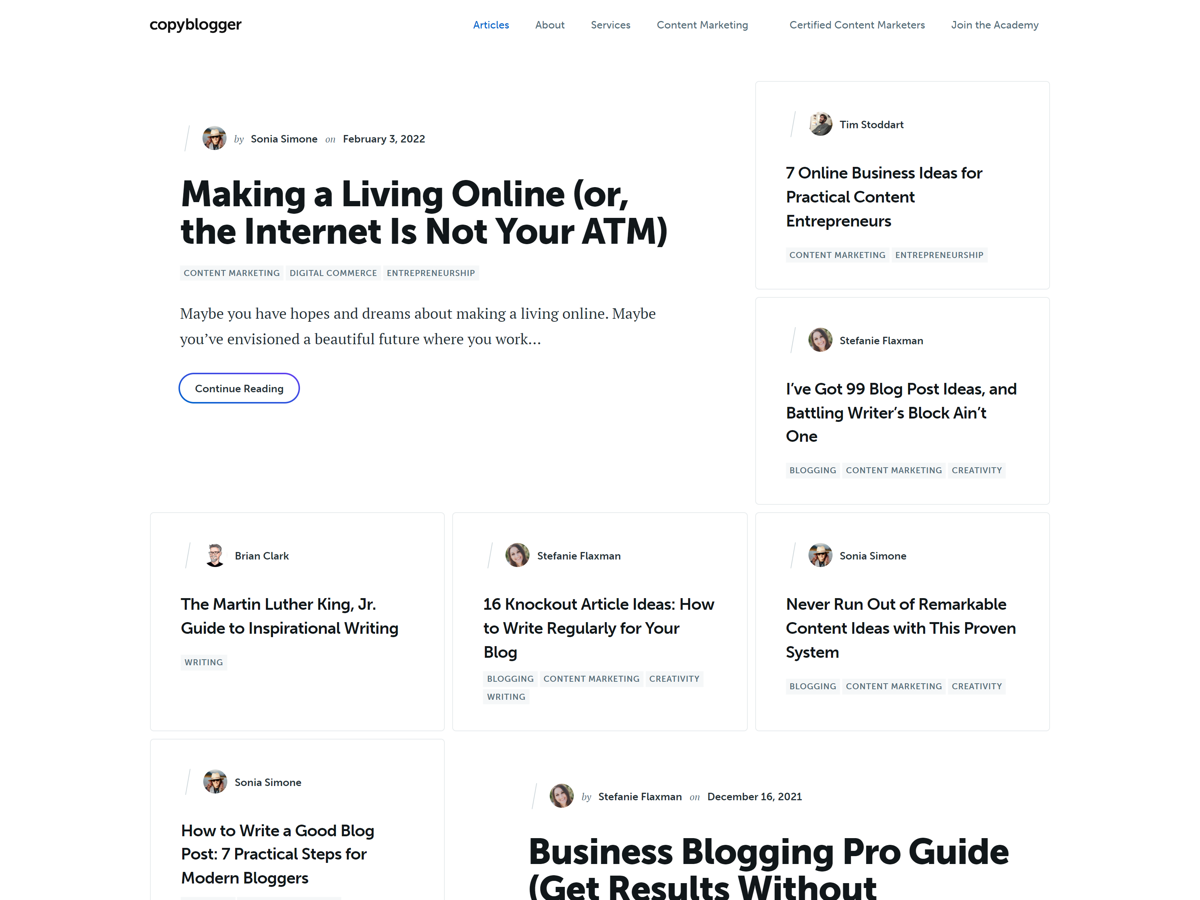 Screenshot of Copyblogger, from the blog design examples collection.