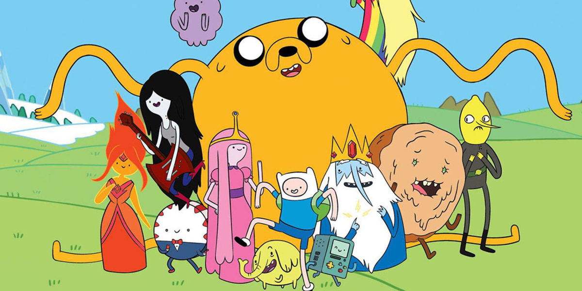 The various characters of adventure time posing for a picture in a field.
