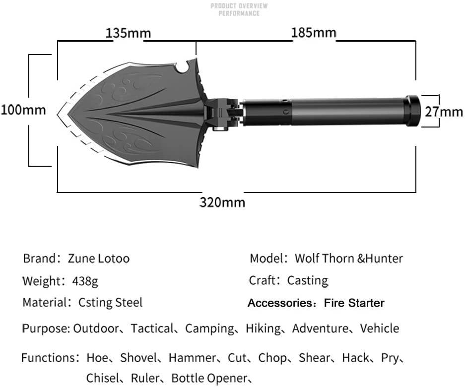 Zune Lotoo Wolf Thorn Hunter Survival Shovel, Camping Gear, Survival Shovel, Multi-Tool Shovel, Hunting Gear, Wolf Thorn Hunter