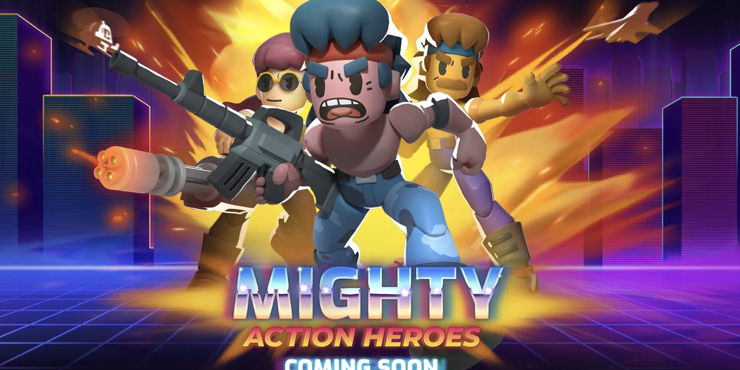 Image of Mighty Action Heroes Crypto emerging from an explosion, poised for battle.