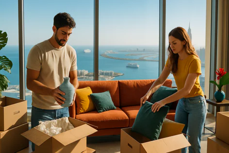 A couple packs household items into cardboard boxes in a modern apartment overlooking a cityscape and the ocean. They are preparing to move, carefully handling decor and pillows.