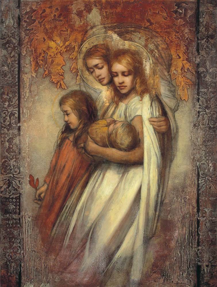 Painting of three young woman walking together. One holds a child.