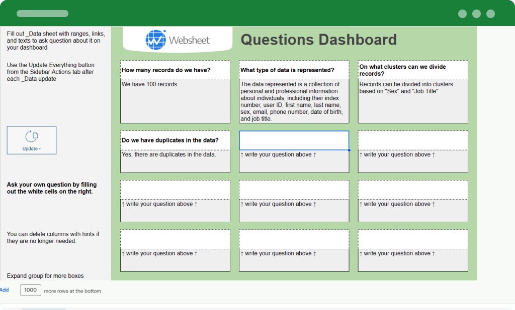 Question Dashboard with Example Data