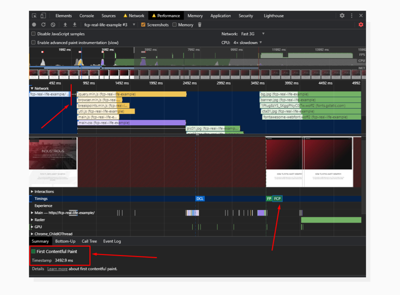 The request tile became visibly shorter and further synchronous events moved as well. A screenshot from Chrome DevTools’ Profiling tab demonstrating First Contentful Paint