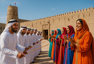 Groups of men and women in traditional UAE clothing smile and interact outdoors. Men in white hold sticks while women in colorful dresses clap, standing in front of a historic fort.