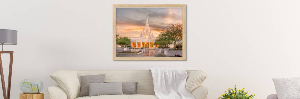 Environment photo of a Phoenix Arizona temple picture over a sofa.