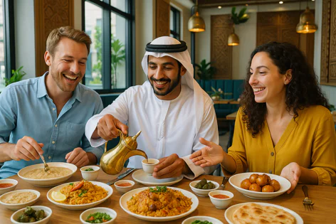 Group of friends enjoy a vibrant Middle Eastern meal with various dishes on a table. A man in traditional attire pours Arabic coffee from a golden dallah, while others laugh and talk.