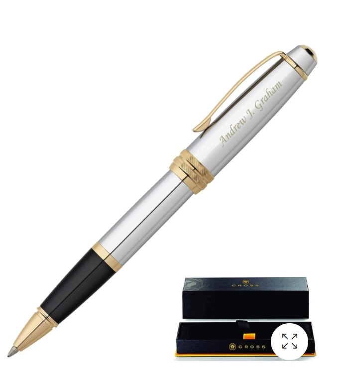 A pen that has a polished chrome body, engraved name, produces the experience of smooth, pressure-less writing that liquid-based ink can deliver